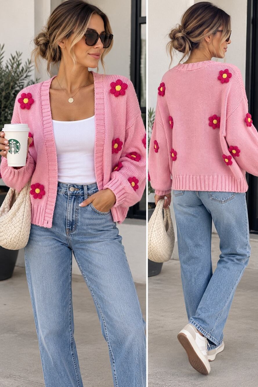 francesca's 3D Floral Long Sleeve Knit Cardigan Sweater Pink Women's XS NWT